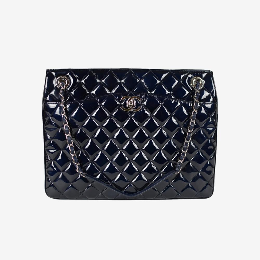Chanel Accordion Shopping Tote Navy Blue Patent