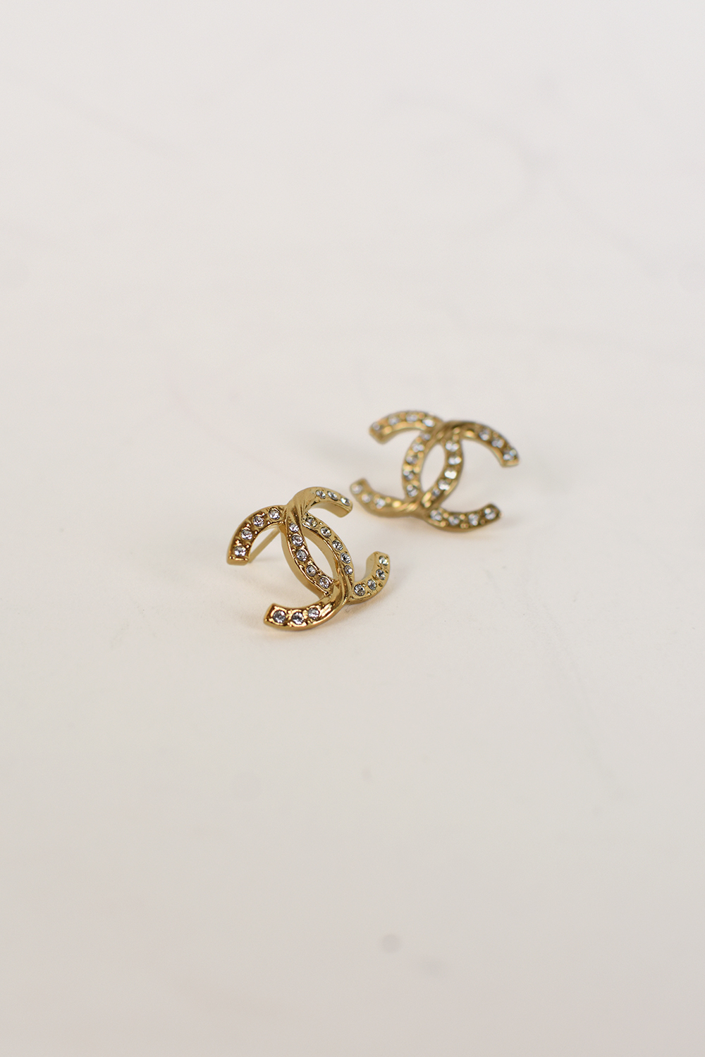 Chanel CC Stud Earrings Gold Crystals A23C