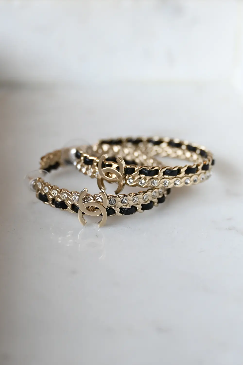 Chanel CC Hoop Crystal Leather Earrings B20 C